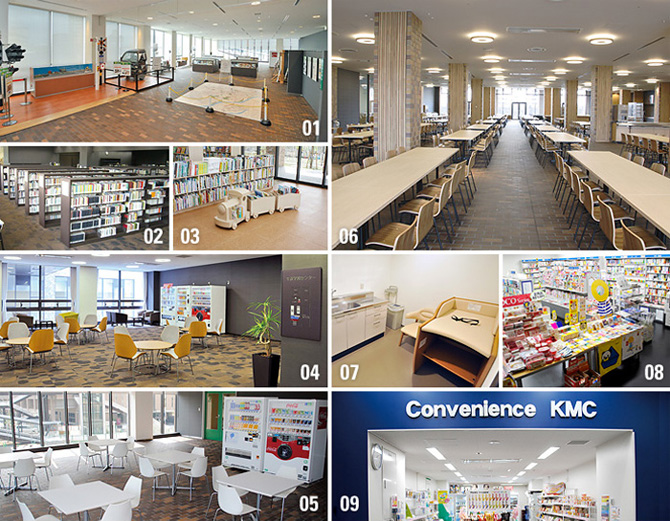 01 安全ミュージアム / 02 ミューズ大学図書館 / 03 児童図書館 / 04 生涯学習センター(カフェ交流サロン) / 05 ミューズカフェ / 06 レストラン“ミューズ” / 07 授乳室 / 08 ブックセンター / 09 コンビニエンスストア