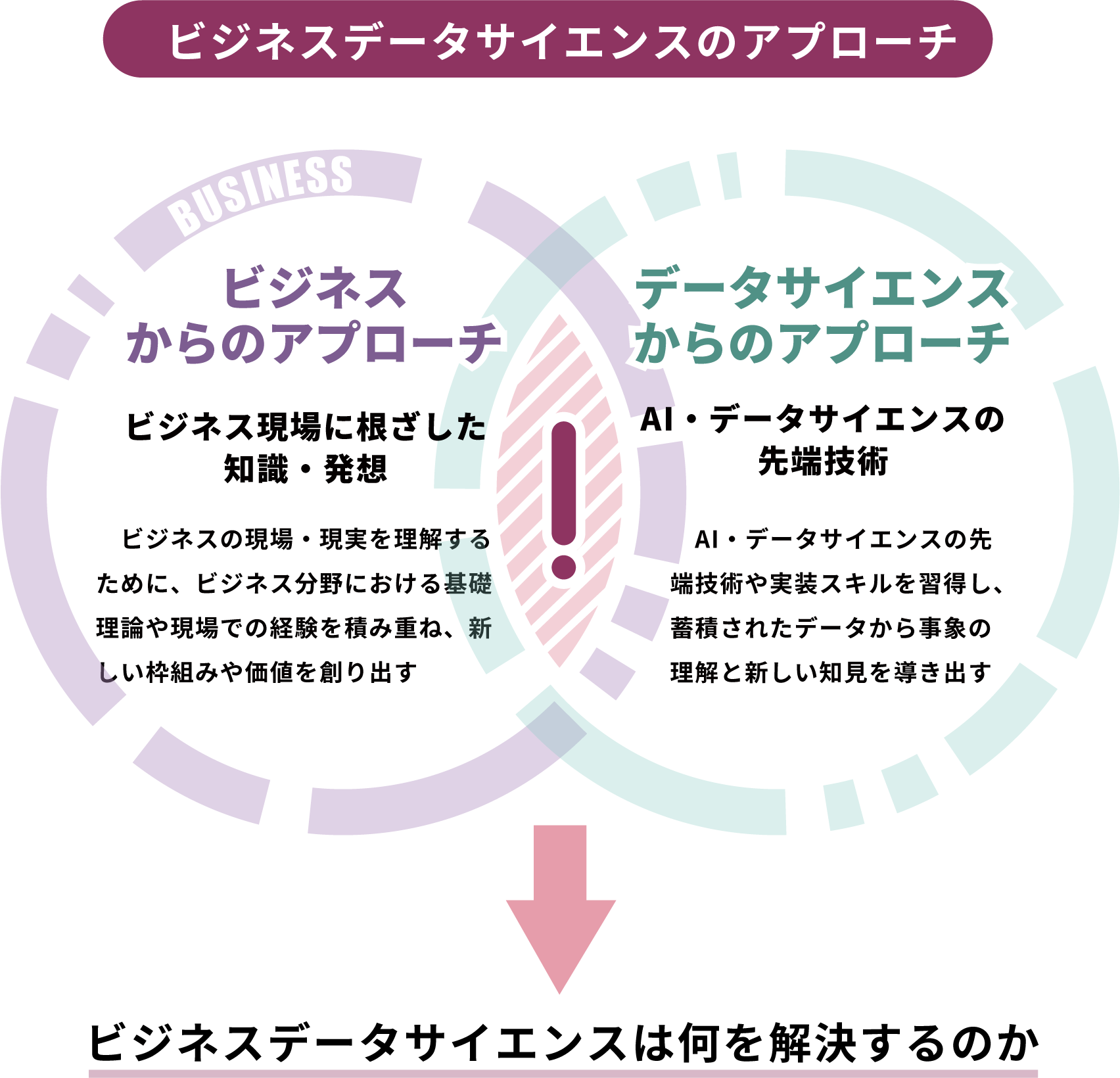 ビジネスデータサイエンスのアプローチ
ビジネスからのアプローチ
ビジネス現場に根ざした知識・発想
ビジネスの現場・現実を理解するために、ビジネス分野における基礎理論や現場での経験を積み重ね、新しい枠組みや価値を創り出す
データサイエンスからのアプローチ
AI・データサイエンスの先端技術
AI・データサイエンスの先端技術や実装スキルを習得し、蓄積されたデータから事象の理解と新しい知見を導き出す
ビジネスデータサイエンスは何を解決するのか